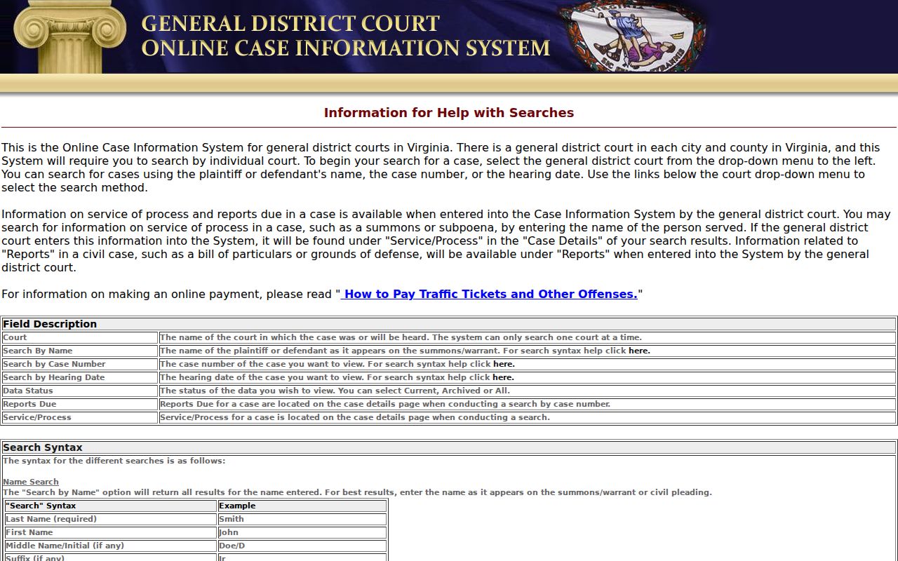 Craig County warrant search: General District Court case search help and data-status controls