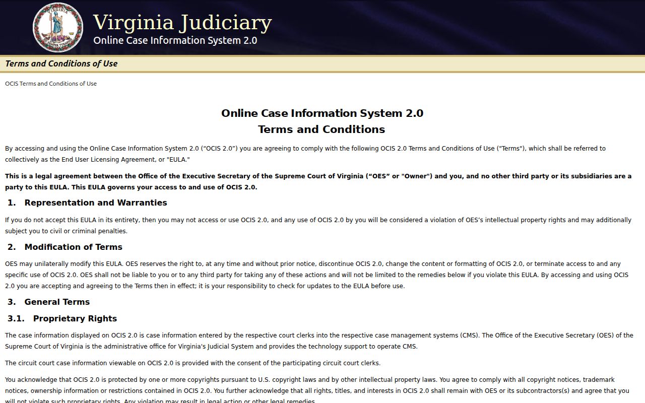 Craig County warrant search: Virginia OCIS public case-search landing page