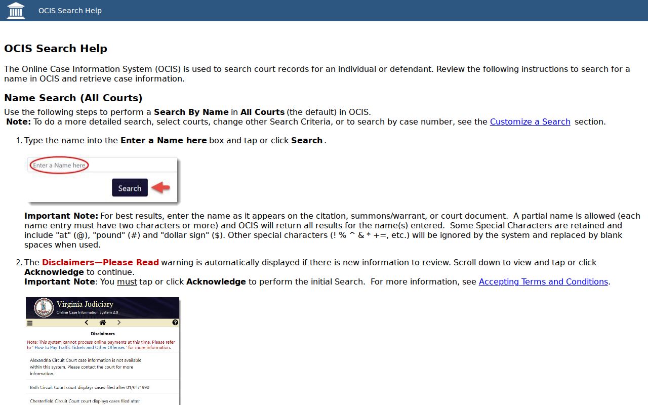 Craig County warrant search fields: official OCIS search help page