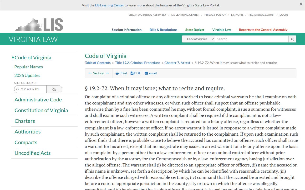 Craig County arrest warrant rules: Virginia statute on sworn complaints and warrant contents