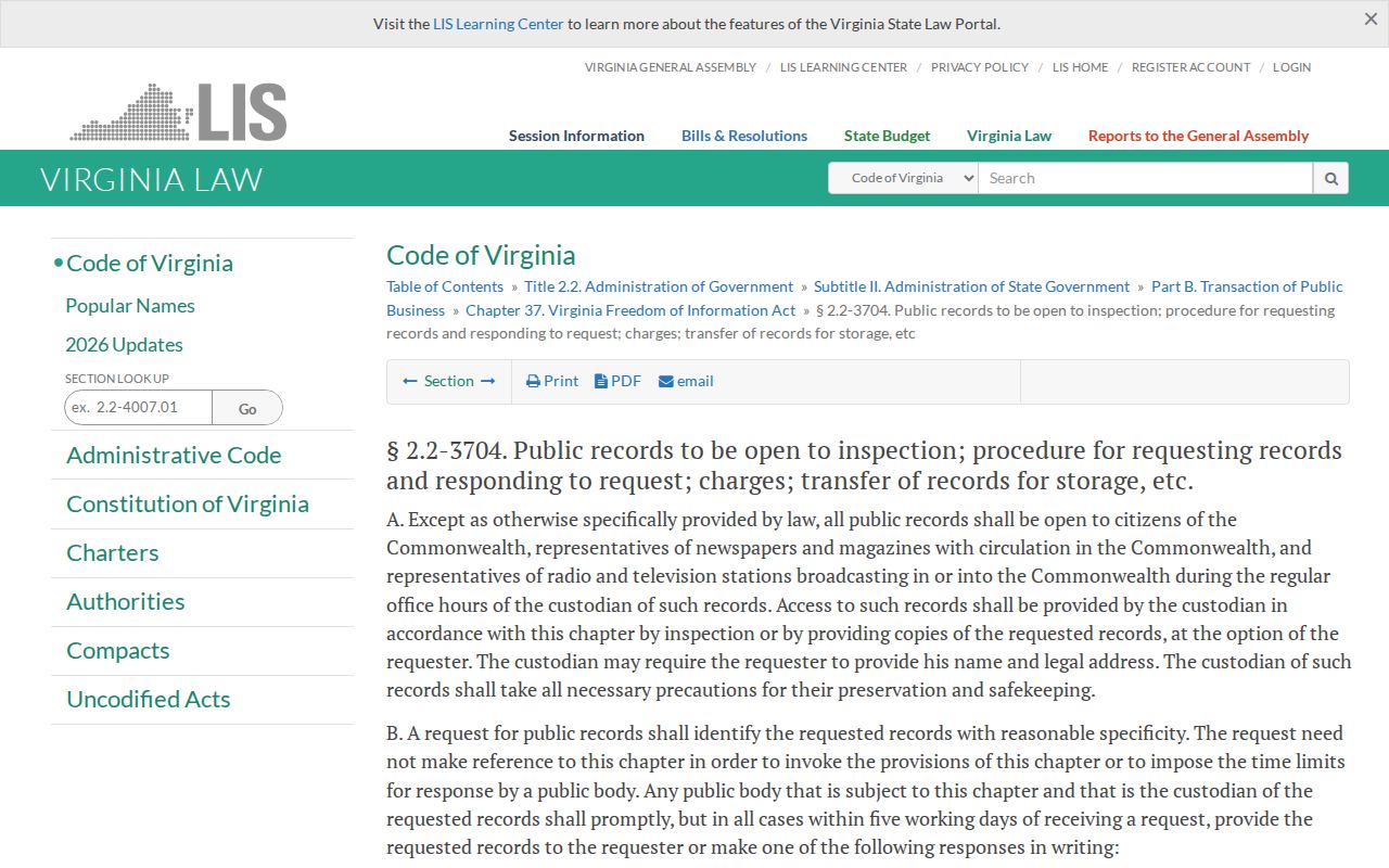 Craig County municipal warrant access: Virginia FOIA request rules for existing records