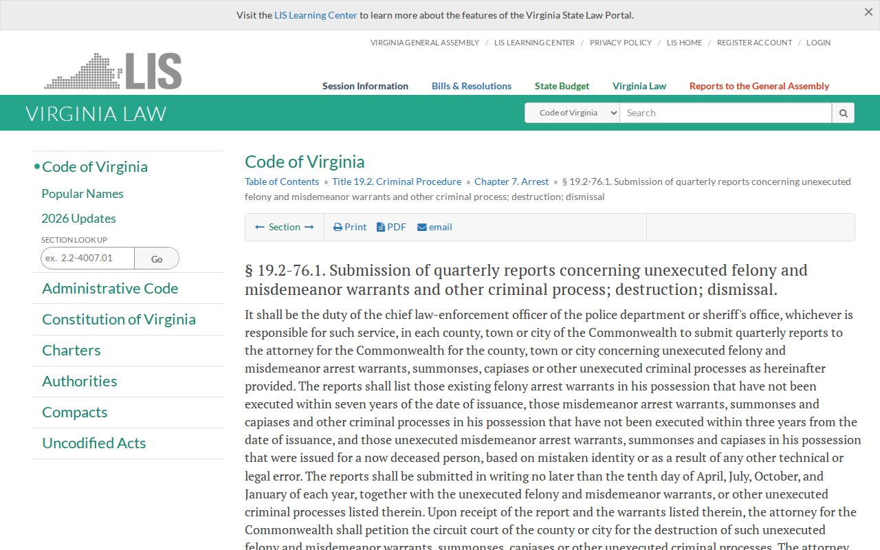 Craig County bench warrant recall context: Virginia statute on reporting long-unexecuted process