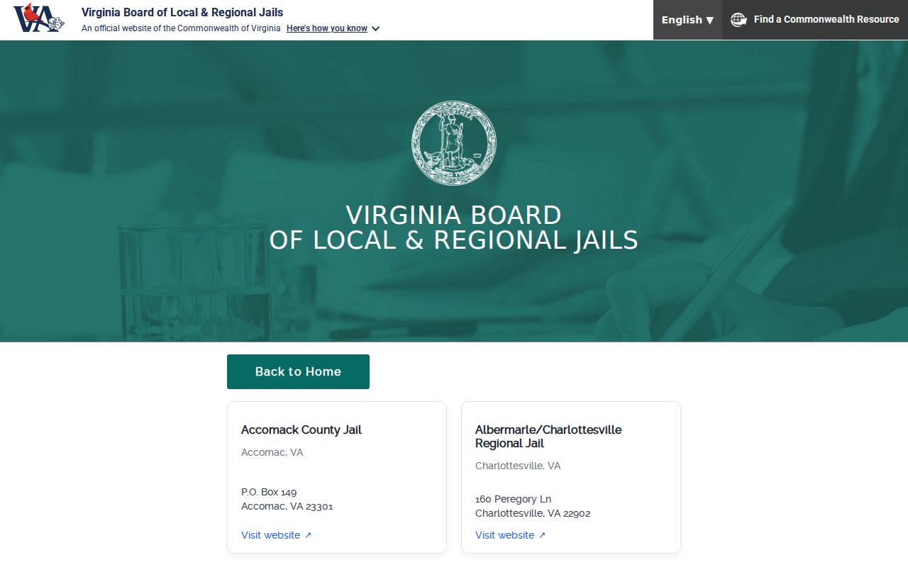 Craig County arrest warrant custody route: state directory entry for Botetourt-Craig Regional Jail