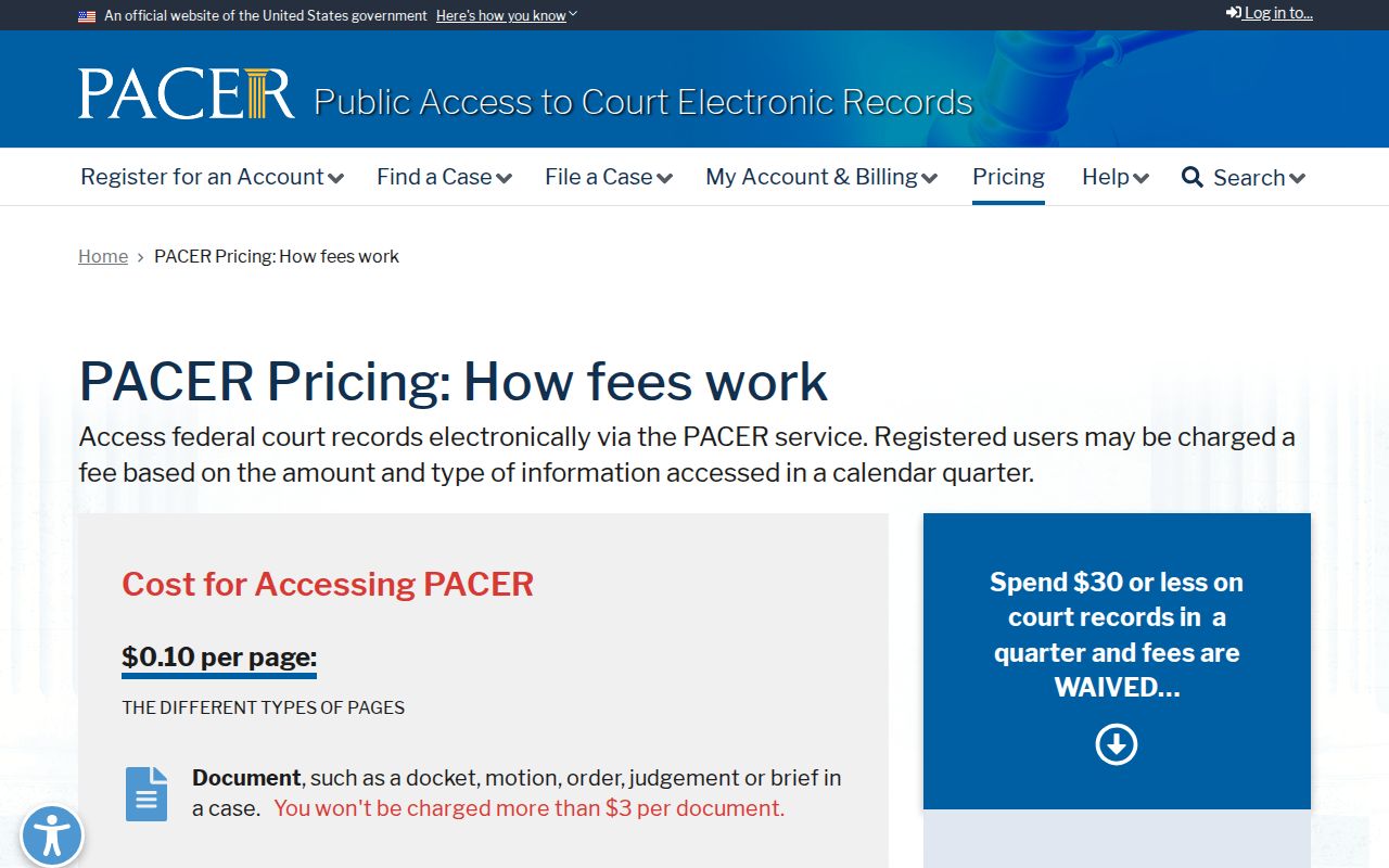 Craig County warrant search boundary: federal PACER case-access pricing reference